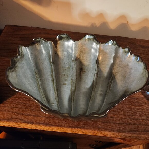 Vintage Rare Frankoma Pottery Shell-Shaped Woodland Moss Glazed Ceramic Bowl 13"